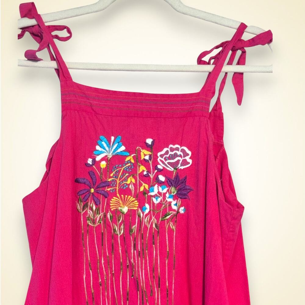 Vintage Mexican Embroidered Cotton Sundress Pink Floral Size Large Pockets - Picture 4 of 9